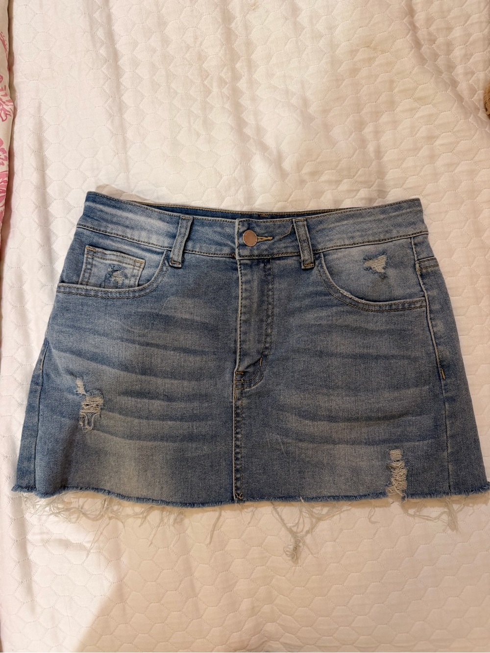 Light Blue Distressed Denim Mini Skirt - Women